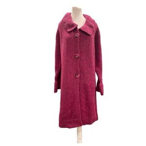 Irish Wool Coatigan Chunky Burgundy Tweed Knit Sweater Coat M-L